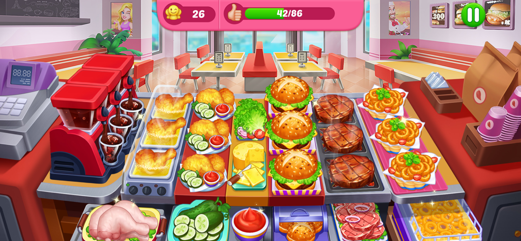 In-game screenshot of Cooking Diner showing a busy kitchen with burgers, steaks, and fried chicken ready to serve.
