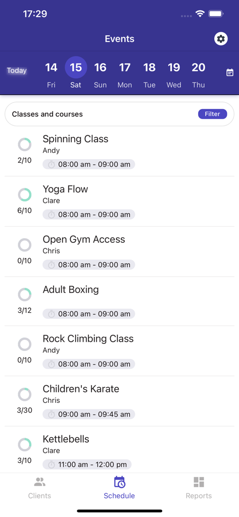 Glofox Pro - Staff App - Daily schedule screen in the Glofox Pro staff app showing a list of fitness classes with instructor names and attendance counts
