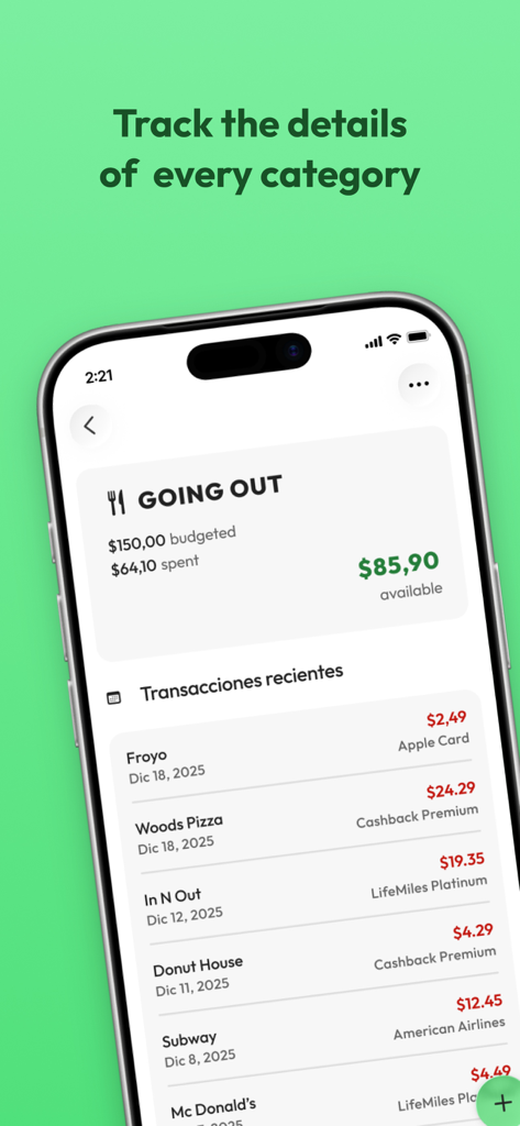 Spent - Track your expenses - Spent app screen showing budget details and recent transactions for the Going Out category