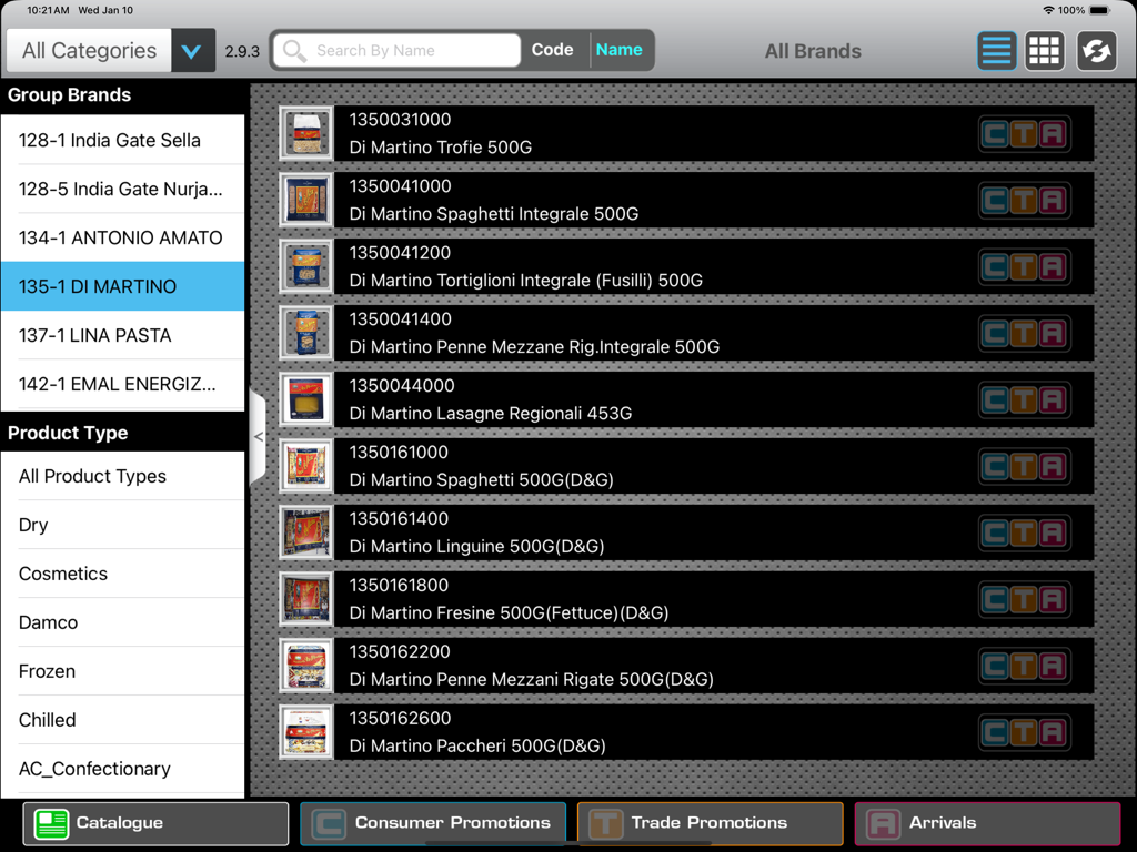 Obegi Catalog - iPad screenshot of the Obegi Catalog app displaying a professional product list with food items and categories for sales representatives