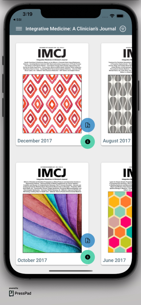 Integrative Medicine - Screenshot of the Integrative Medicine Clinician's Journal app interface displaying a grid of journal issues from 2017 with artistic covers