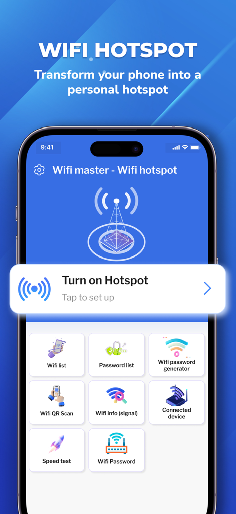 WiFi Password - WiFi Scan - Interface de l'application Mot de passe WiFi montrant la configuration du point d'accès personnel et une grille d'outils de gestion de réseau tels que le test de vitesse et le générateur de mot de passe