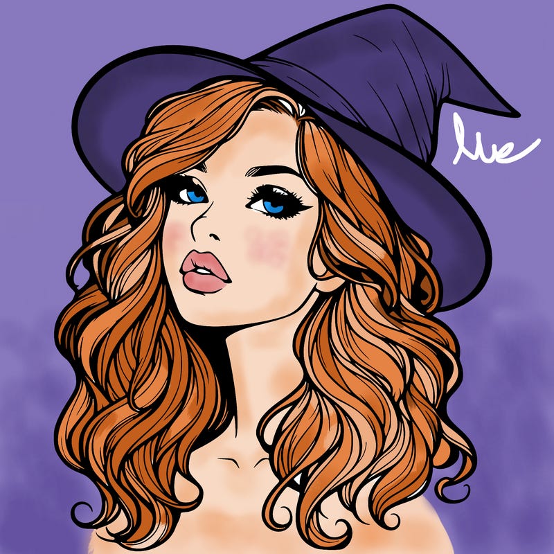 realistic witch girl with wavy hair and lips