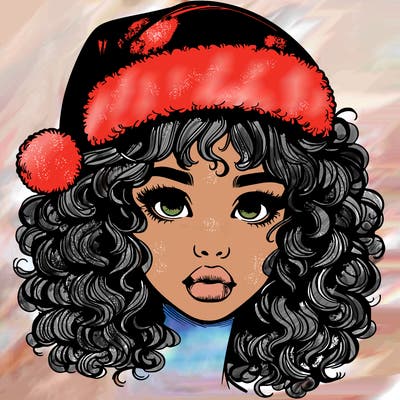 realistic girl with a santa hat curly hair and lips