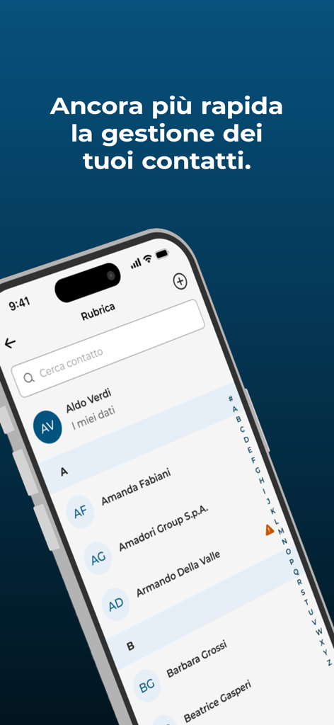 Interface of the SCRIGNObps mobile banking app displaying a contact directory