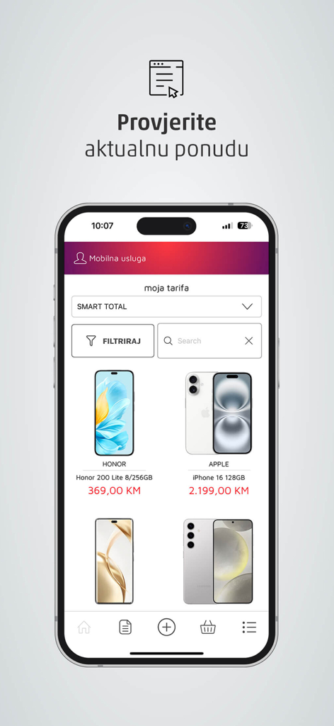 Moj ERONET - Mobile phone shop screen in the Moj ERONET app displaying device models like iPhone and Honor with their respective prices in KM