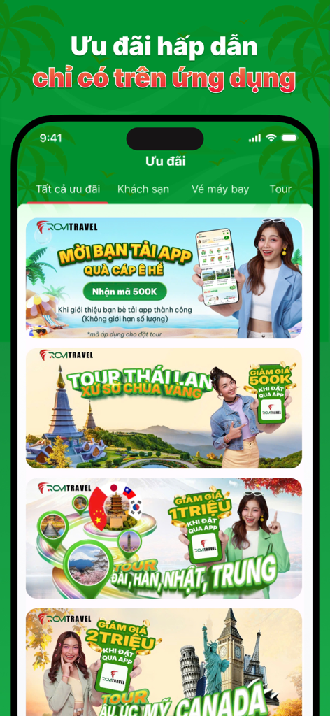 Rovi Travel - Interfaz de la aplicación móvil Rovi Travel mostrando varios descuentos promocionales de viaje para tours internacionales y un programa de referidos