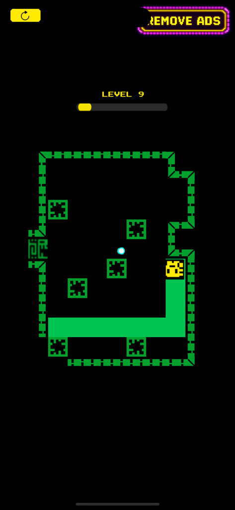 A yellow square character painting a path green in a dark neon-style arcade maze puzzle level