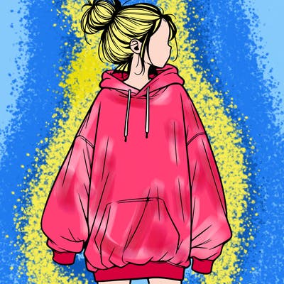 realistic girl with a oversized sweatshirt on and a bun