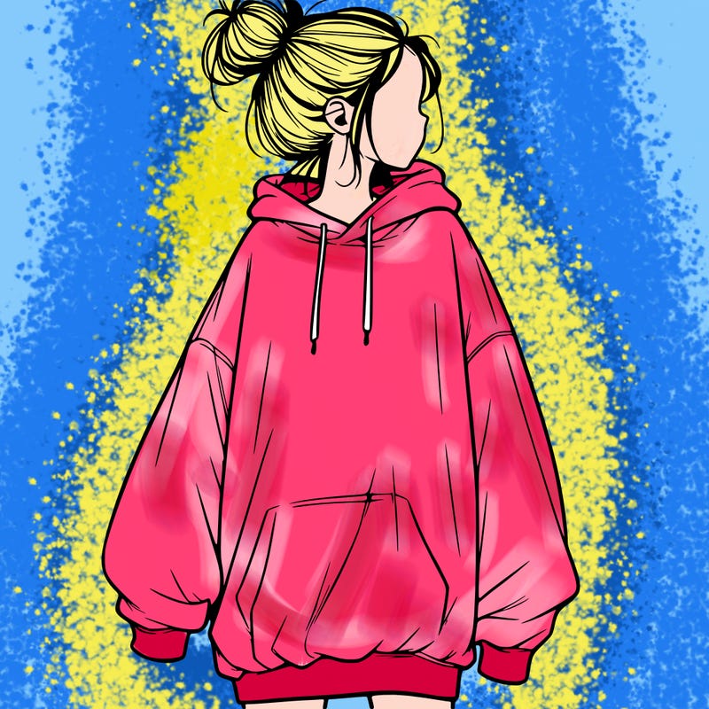 realistic girl with a oversized sweatshirt on and a bun