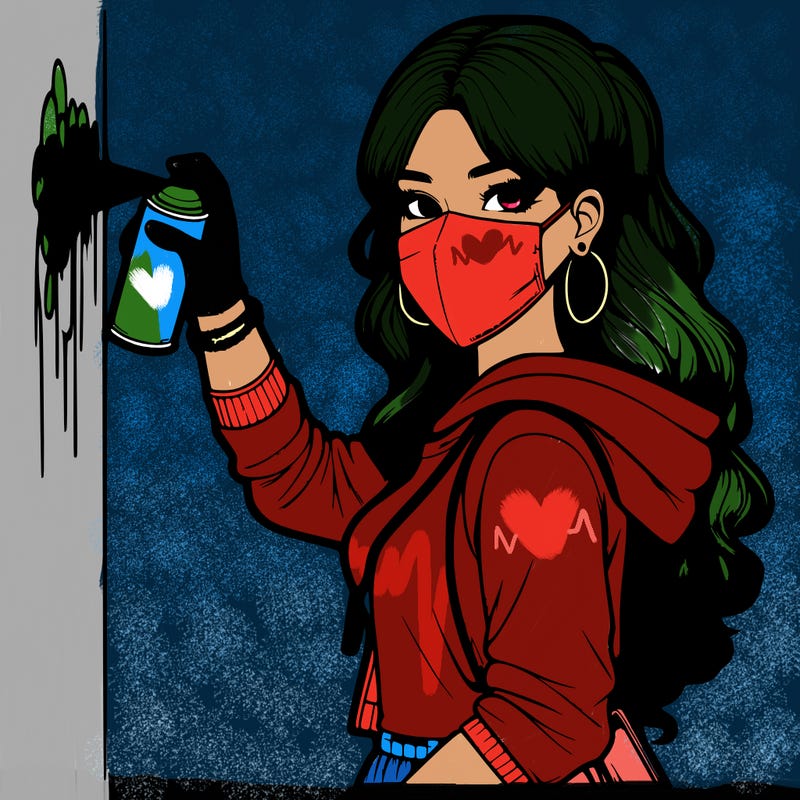 realistic girl with mask spray painting a wall