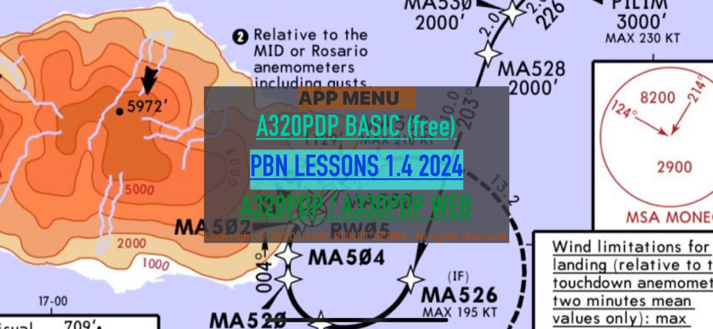 PBN For Pilots - Main menu of the PBN For Pilots app showing training lessons overlaid on a topographical aviation chart.