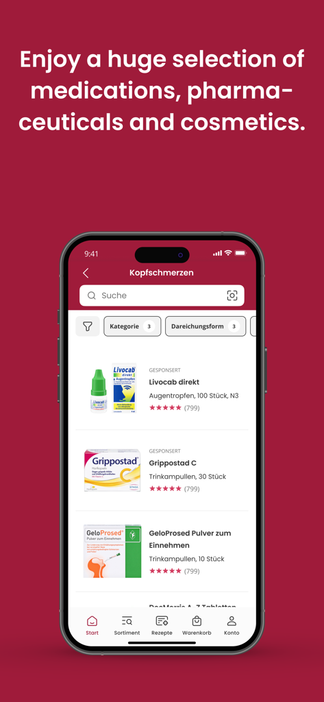 Una pantalla de smartphone que muestra la app de medpex con una variedad de medicamentos y productos sanitarios listados en una categoría de dolor de cabeza.