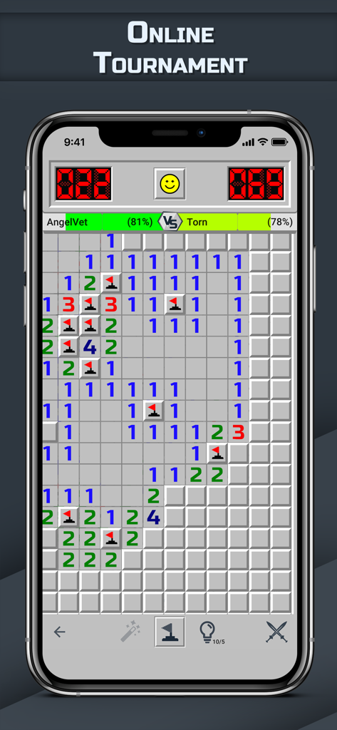 Minesweeper GO - classic game - Jugabilidad del torneo en línea de Minesweeper GO mostrando a dos jugadores compitiendo en un tablero de puzzle de lógica clásico