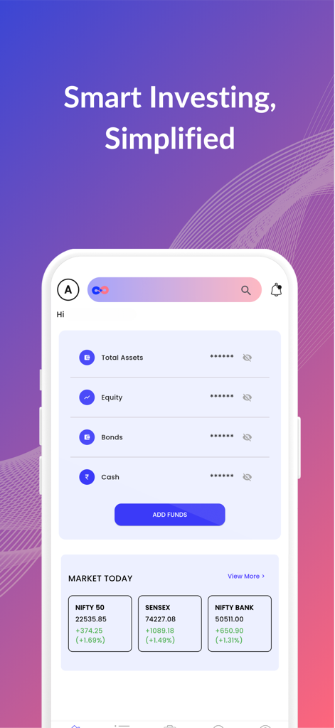 Aionion Capital mobile app interface showing a simplified investment dashboard with total assets and market performance indicators.