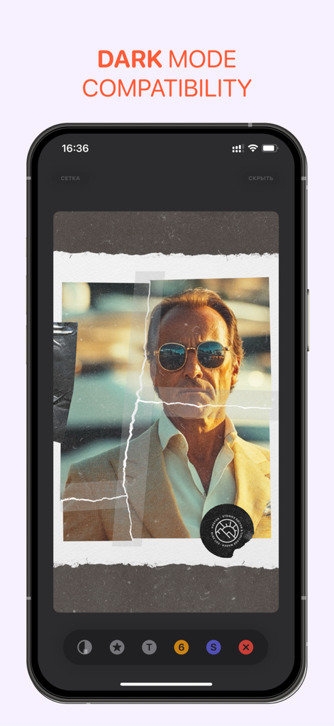 Vostok — Story Maker - Vostok Story Maker app showing dark mode compatibility and a minimalist photo collage editor.