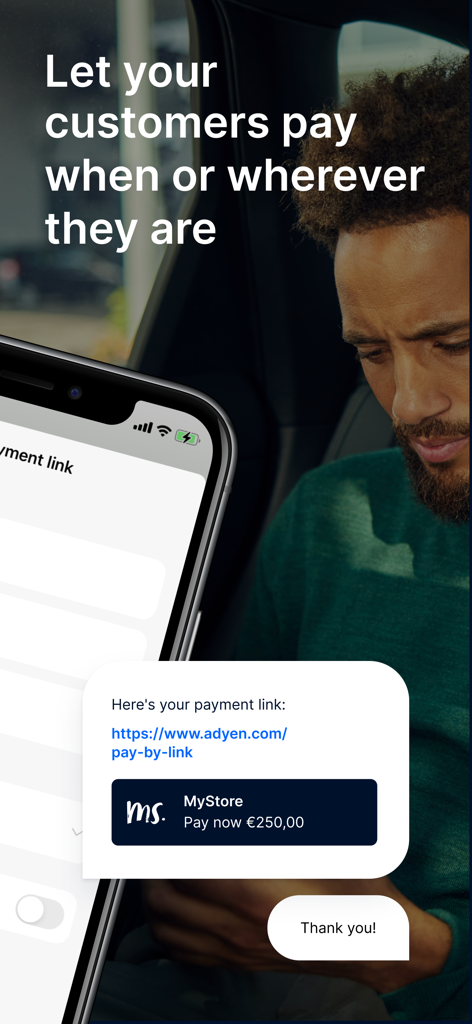 A customer receiving a secure payment link from a store on their mobile phone while traveling.