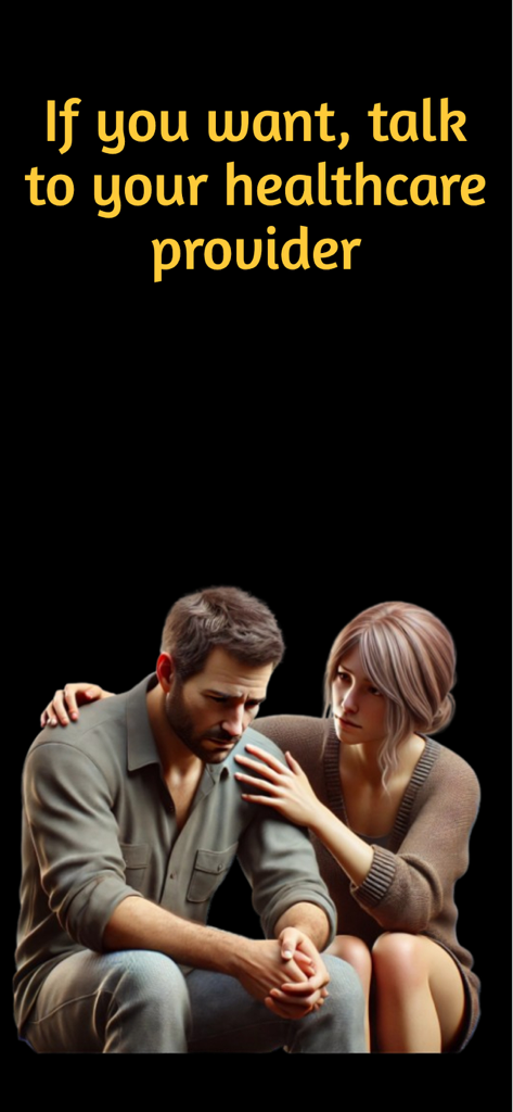 Happiness Test. - Una ilustración de una mujer consolando a un hombre triste con un texto que sugiere hablar con un profesional de la salud.