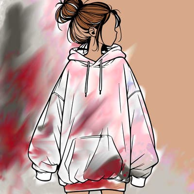 realistic girl with a oversized sweatshirt on and a bun