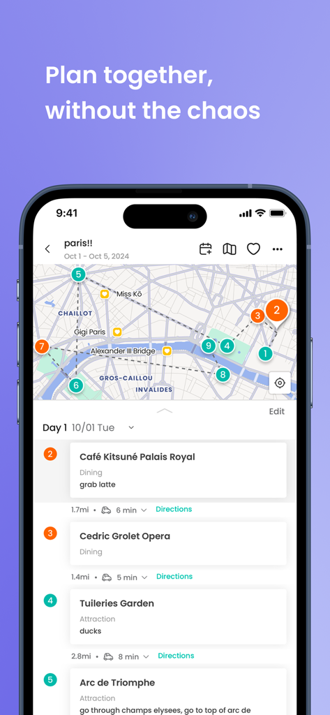 Ellipsis Travel - Application Ellipsis Travel montrant un itinéraire à Paris avec une carte intégrée et des activités planifiées