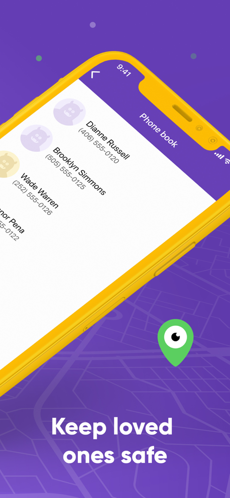 Interface da aplicação Kidgy mostrando a agenda e a monitorização de contactos para segurança familiar