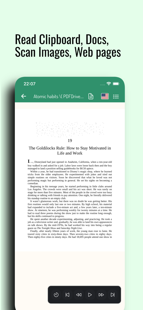 Narro Reader - Narro Reader mobile app interface displaying a digital document with audio playback controls for text to speech