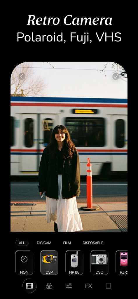 Interface der radcam-App mit einem Vintage-Foto und Retro-Kamerafilter-Optionen