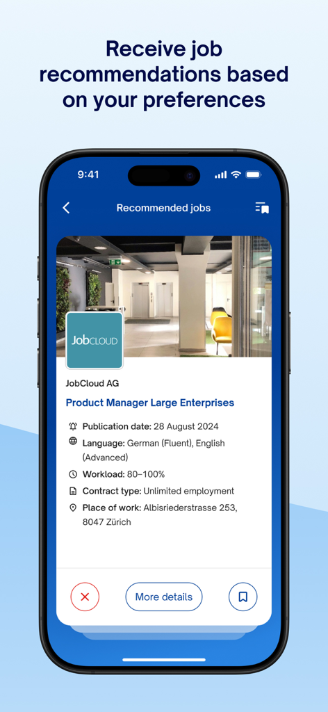 jobs.ch – Job Search - 스위스 취리히의 제품 관리자 직책을 보여주는 jobs.ch 앱의 개인 맞춤 채용 추천