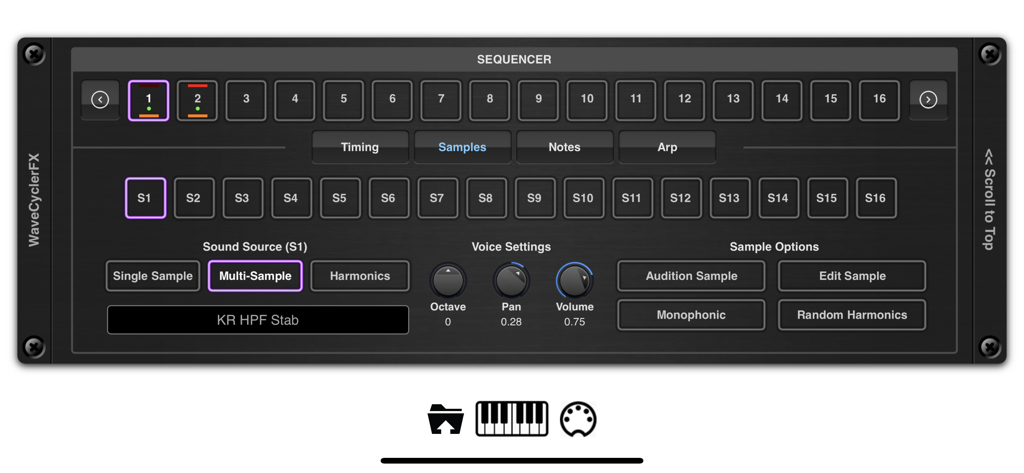 EvolverFX AUv3 Audio Plugin - Interface of the EvolverFX AUv3 audio plugin showing the sequencer and multi-sample sound source settings.
