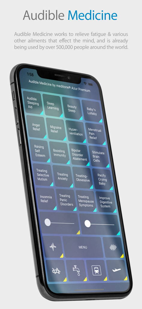 meditone® Azur Premium - Smartphone screen displaying the meditone Azur Premium app interface with a grid of various audible medicine sound therapy options