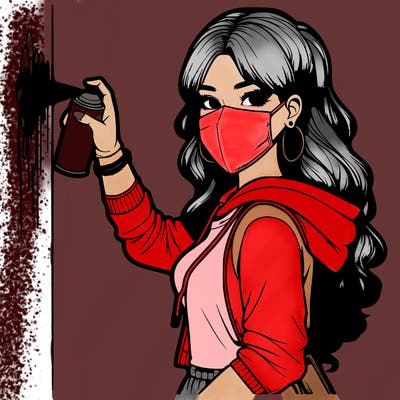 realistic girl with mask spray painting a wall