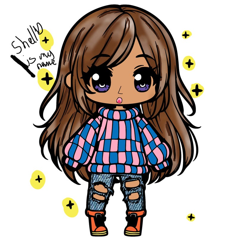 chibi girl with ripped jeans,long hair, and an oversized sweater