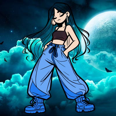 girl in baggy pants crop top and long hair