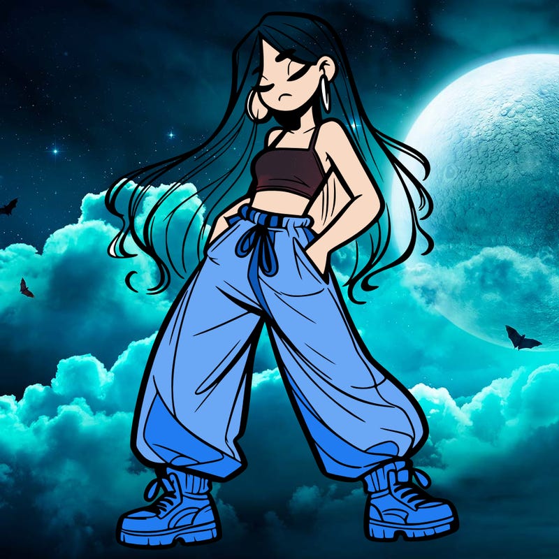 girl in baggy pants crop top and long hair