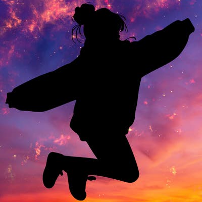 realistic girl jumping with a bun and oversized sweatshirt