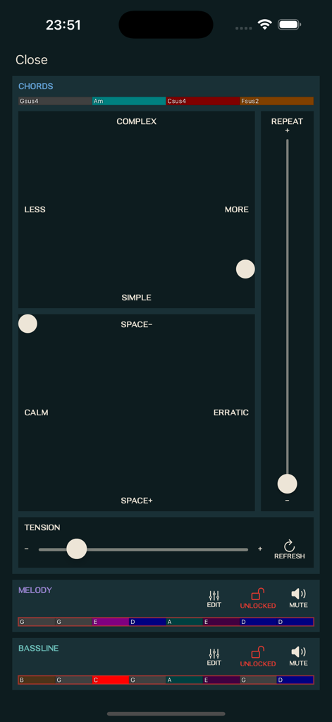 Loop Maker - Create Music Fast - Mobile app interface of Loop Maker showing adjustable music parameters for chords melody and bassline with tension and complexity controls