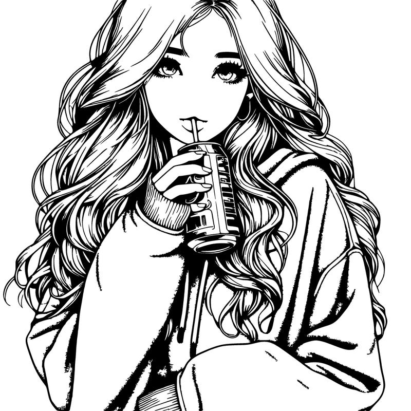 realistic girl with long hair wearing a baggie sweater drinking a dr. pepper