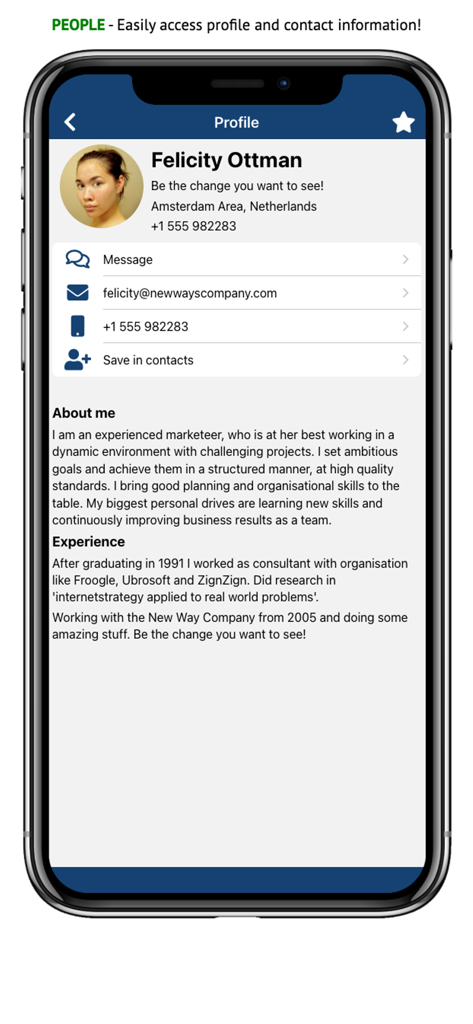 Connect Rijksapp - A user profile screen in the Connect Rijksapp displaying contact information and professional bio.