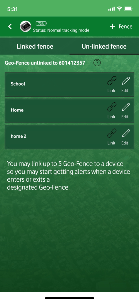 Interface of the Tracki GPS app showing geo-fence management for school and home locations