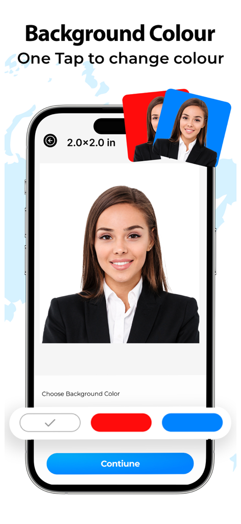Passport Size ID Photo Maker - Bildschirm einer mobilen App, die die Funktion zum Ändern der Hintergrundfarbe für ein Passfoto zeigt.