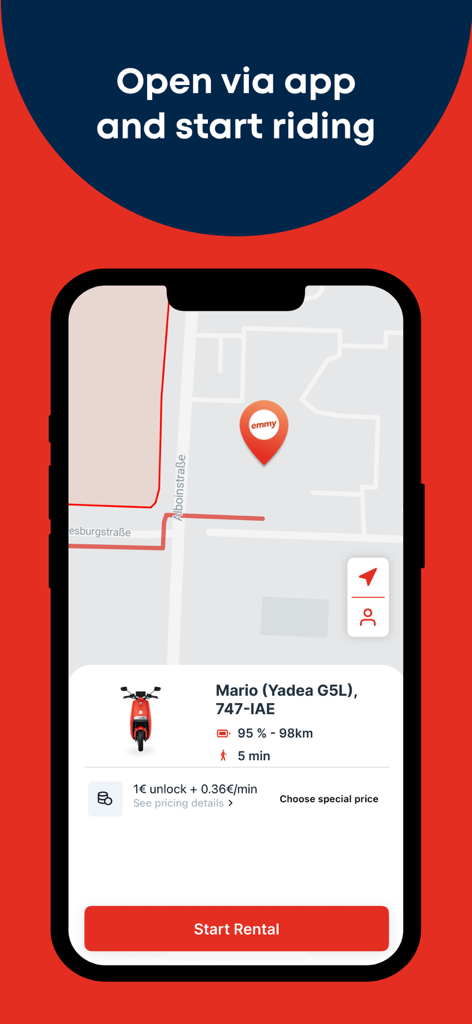 emmy App-Oberfläche mit Karte und Details zur Elektrorollervermietung.
