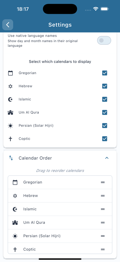 Pantalla de configuración de la aplicación Convertidor de Fechas que muestra opciones para seleccionar y reordenar varios sistemas de calendario como el gregoriano, hebreo e islámico