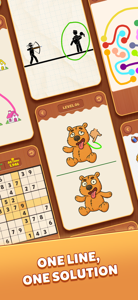 Calm & Chill Games: No Wifi - Una colección de puzles lógicos temáticos de madera, incluyendo Sudoku y juegos de dibujar con una sola línea.