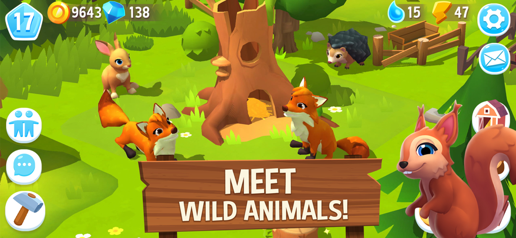FarmVille 3 – Farm Animals - Gameplay-Screenshot von FarmVille 3 mit niedlichen Wildtieren wie Füchsen und einem Eichhörnchen in einem Waldlebensraum.