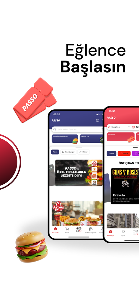 Passo - Passo Mobile-App-Oberfläche mit Event-Tickets und Optionen zur Essensbestellung