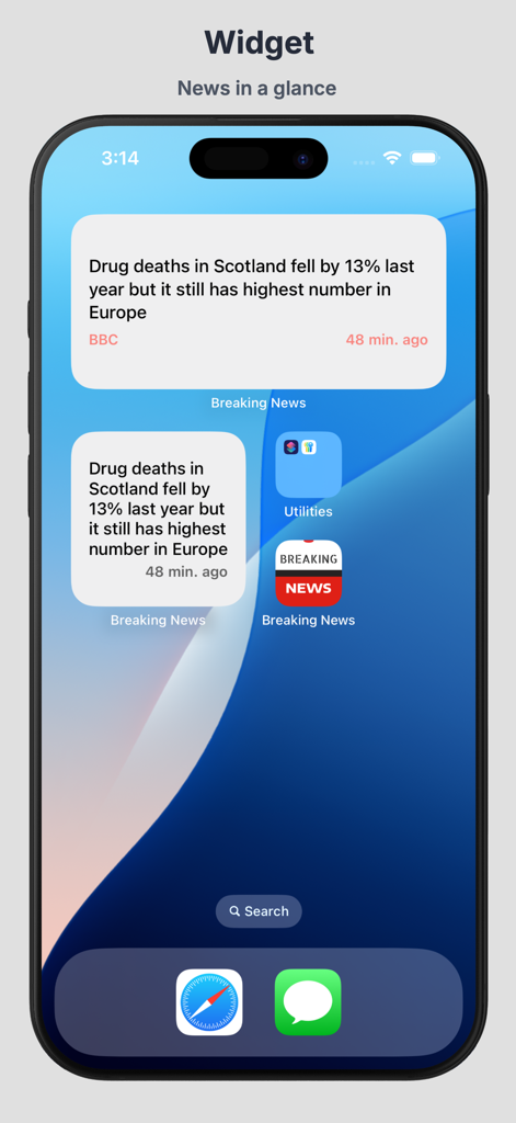 Breaking News app widget on an iPhone home screen displaying a news headline