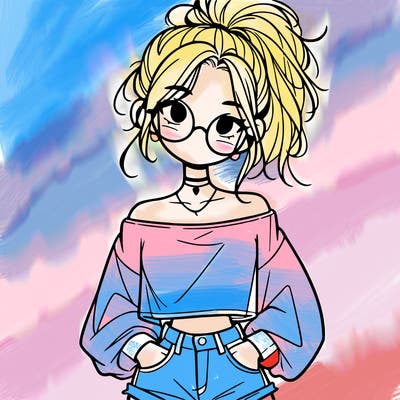 girl with a messy ponytail glasses a baggy crop top and jean shorts