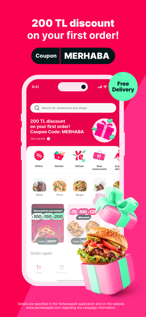 Yemeksepeti: Food & Grocery - Yemeksepeti app interface showing a 200 TL first order discount and the coupon code MERHABA.