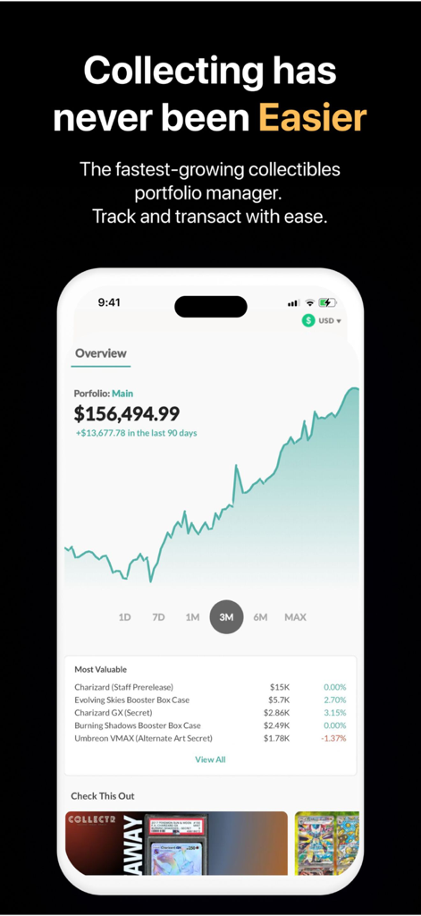 Collectr - TCG Collector App - Collectr app interface showing a trading card portfolio value overview with a market trend chart.