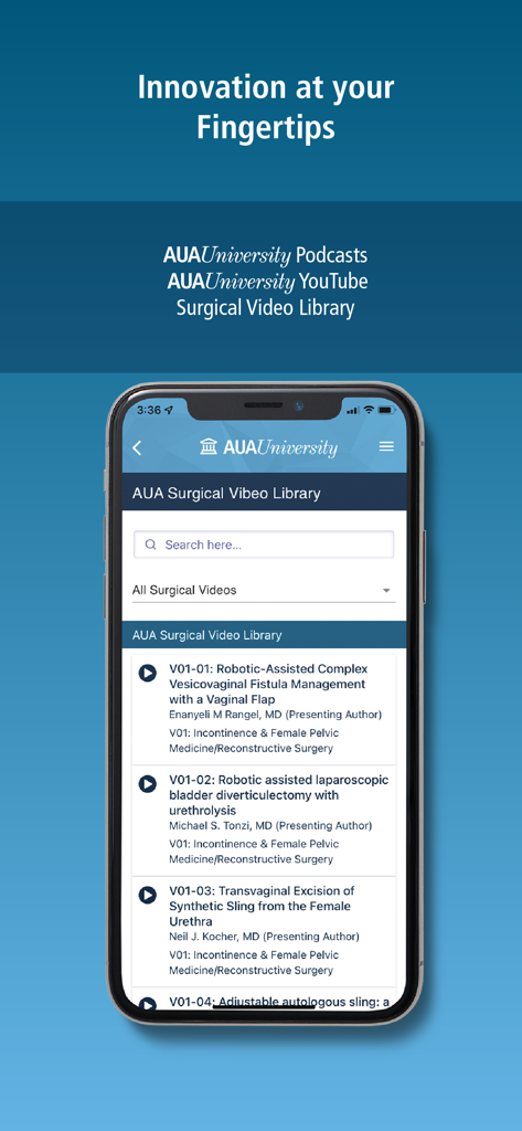 AUA University - Teléfono inteligente que muestra la Biblioteca de Videos Quirúrgicos de AUA University con una lista de videos de cirugía urológica